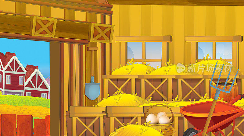 Cartoon scene with wooden chicken coop for hen and eggs - bright illustration